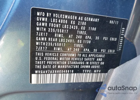 2017 Volkswagen Tiguan 2.0T/2.0T S z USA, uszkodzony, nr VIN WVGAV7AX6HK048818